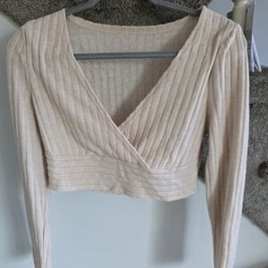 Beige Ribbed Surplice Long Sleeve Crop Top